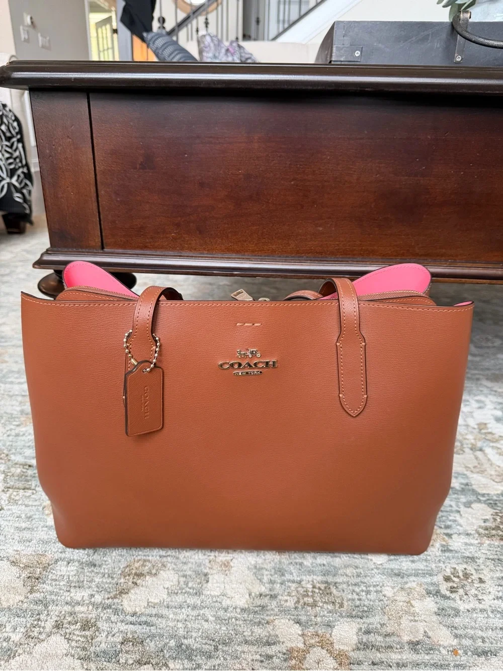 Coach Leather Tote in Saddle Brown with Pink Interior